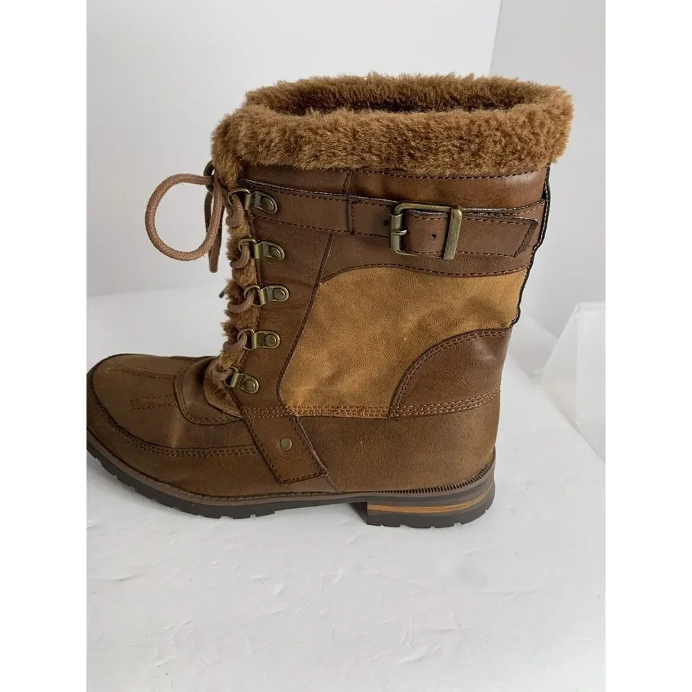 Rock & Candy New Danlea Brown Mid‎ Calf Winter Snow Faux Fur Lace Up Boots Sz 9